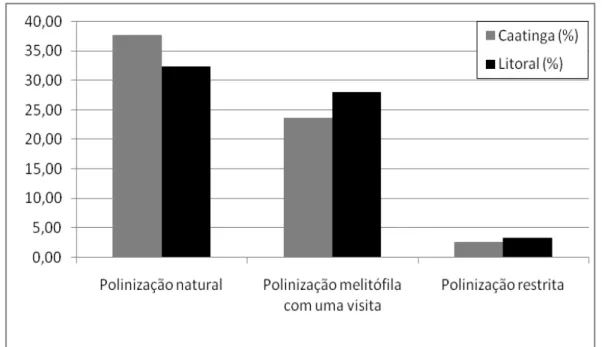 Figura  2.9:  Frutificação  de  flores  de  Azadirachta  indica  que  receberam  polinização  natural,  polinização melitófila com uma única visita de Apis mellifera e polinização restrita, em condições  de caatinga e de mata litorânea, no Estado do Ceará,