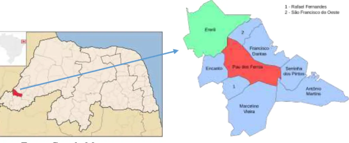 Figura 4  –  Imagem do mapa com a localização do município de Pau dos Ferros no Estado do  Rio Grande do Norte