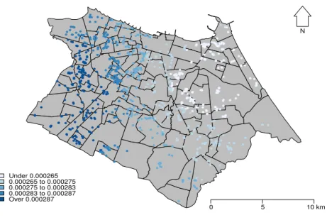 Figure 3.3 – Estimated parameters of spatial distribution - Subject Prob. * Income ● ● ●● ●●●●●●● ● ● ●●●●●●● ●●●●●●●●●●●●●●●●●●●●●●●●●● ●●●●●●●●● ●●● ●●●●●●●●●●●● ● ● ● ● ●●●●●●●●●●●●●●●●●●● ●●●●●●●● ● ●● ● ● ● ●●●●● ● ● ●● ● ●●●●●●●●●●●●●●●●●●●●●●●●●●●●●