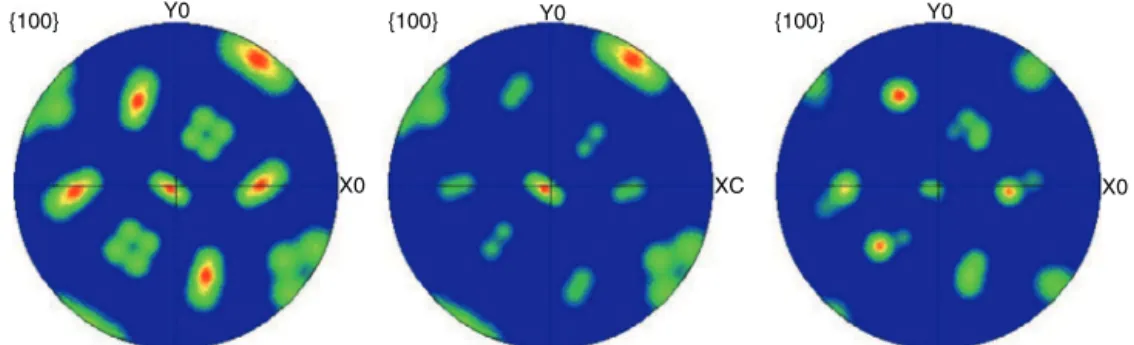 Fig. 7 – (1 0 0) pole figures for a sample with elastic applied stress during transformation: (a) calculated 24 variants;