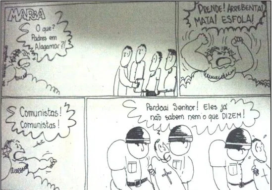 Figura 3: Policiais prendem padres em Alagamar. Charge de Henrique Paiva Magalhães  Fonte: Jornal O Momento, Edição de 20 a 26 de janeiro de 1980