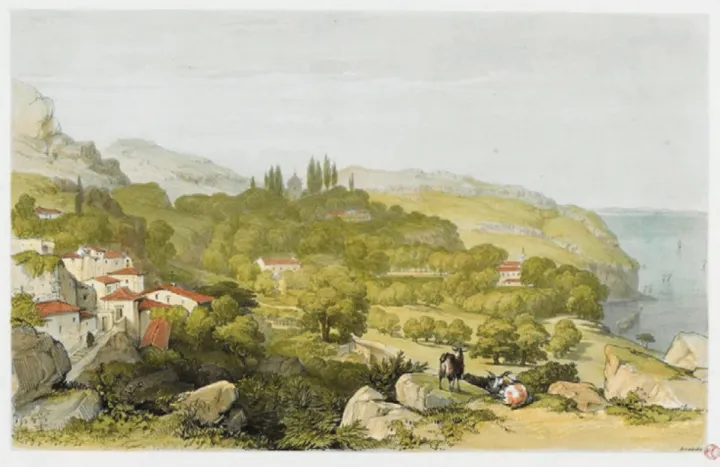 Fig 02. Arrabida (álbum Scenery of Portugal &amp; Spain), 1839; George Vivian (1798-1873), Louis Haghe (1806-1885) lit.; litografia aguarelada; 