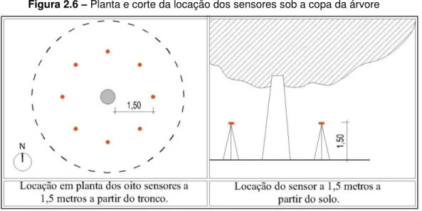 Figura 2.6  –  Planta e corte da locação dos sensores sob a copa da árvore 