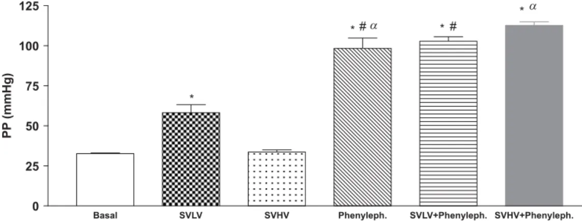Figure 1. Effects of S. vulgare on the mesenteric blood vessel. Statistical analyses were done by ANOVA, com- com-pared with the basal pressure *  P < 0.05