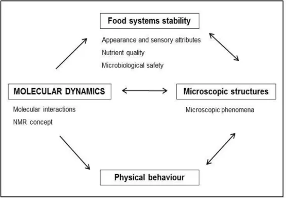 Figure 1.1 Schematic representation of molecular dynamics as a key factor for food physical  properties and stability assessment