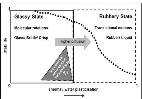 Figure  1.3  Representation  of  glass  transition  temperature  (T g )  effects  on  structural  transformation and diffusion-controlled changes in biological food systems (Roos, 1998)