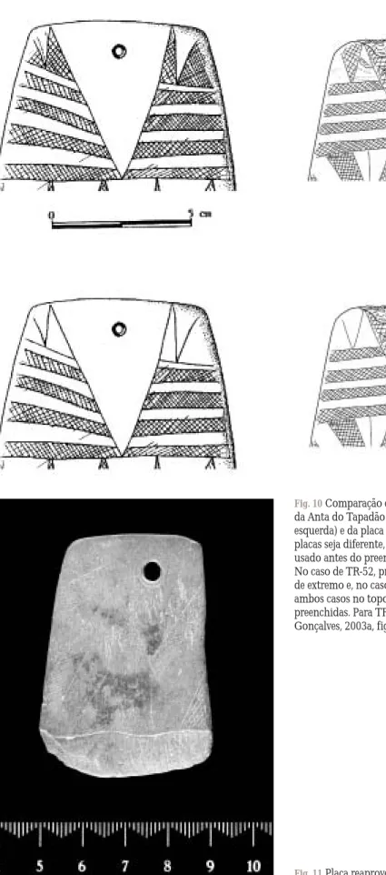 Fig. 10 Comparação entre a placa TR-52, proveniente  da Anta do Tapadão da Relva, Castelo de Vide (coluna da esquerda) e da placa SP II-23