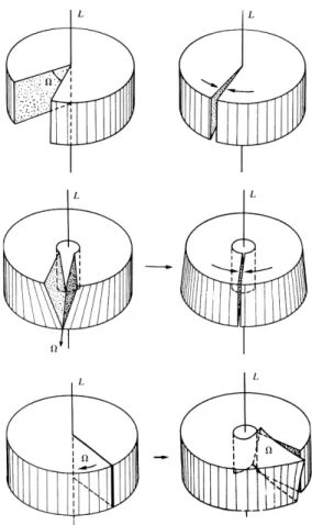 Figura 2.3: Formas de se visualizar a produ¸c˜ao de desclina¸c˜oes. Na primeira e segunda imagem, retira-se material