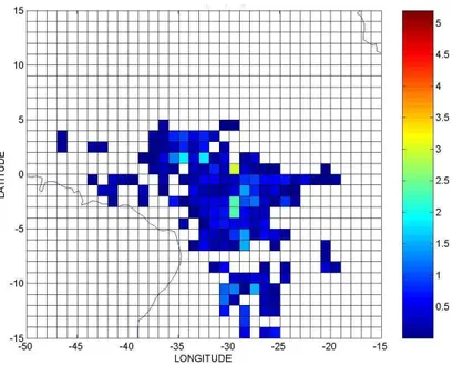Figura 4.19  – Distribuição espacial, para o ano de 2003, do total anual da CPUE (Kg/n° de anzóis-dia) para a  Albacora Lage