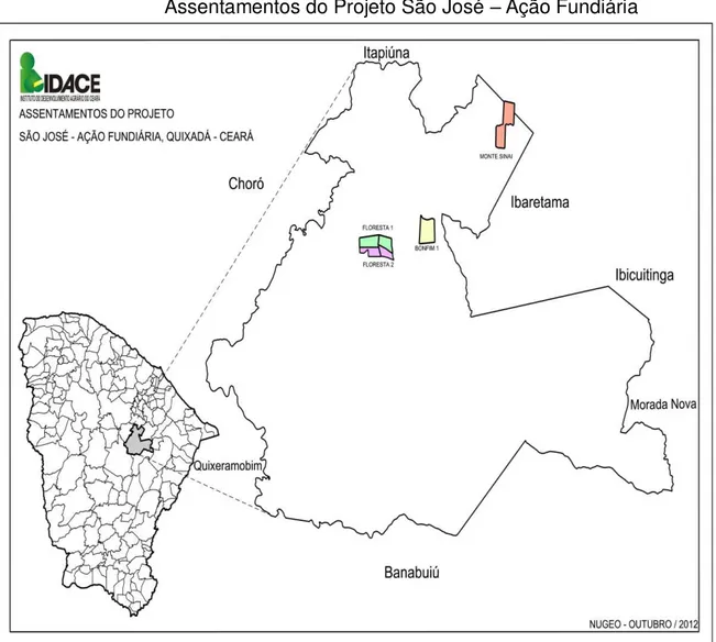 Figura 2  –  Mapa do Município de Quixadá  –  Localização dos  Assentamentos do Projeto São José  –  Ação Fundiária 