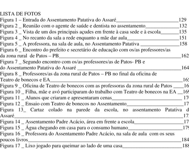 Figura 1 – Entrada do Assentamento Patativa do Assaré________________________129  Figura 2 _ Reunião com o agente de saúde e dentista no assentamento_____________132  Figura 3 _ Vista de um dos principais açudes em frente à casa sede e à escola_______135  