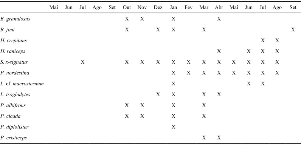 Tabela 1. Período de atividade reprodutiva de 12 espécies de anuros em poças temporárias de Cabaceiras, Paraíba, Brasil.