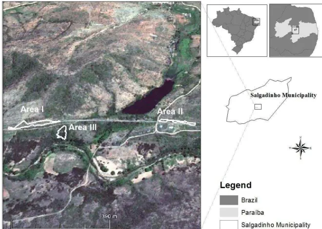 Figura  3:  Mapa  da  localização  das  três  sub-áreas  de  caatinga  utilizadas  no  estudo,  no  município de Salgadinho  –  PB, Nordeste, Brasil