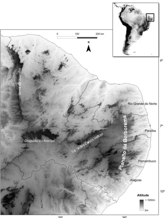 Figura 1. Nordeste oriental do Brasil com destaque para a área de estudo, os  estados  do  Rio  Grande  do  Norte,  Paraíba,  Pernambuco  e  Alagoas,  bem  como o Planalto da Borborema