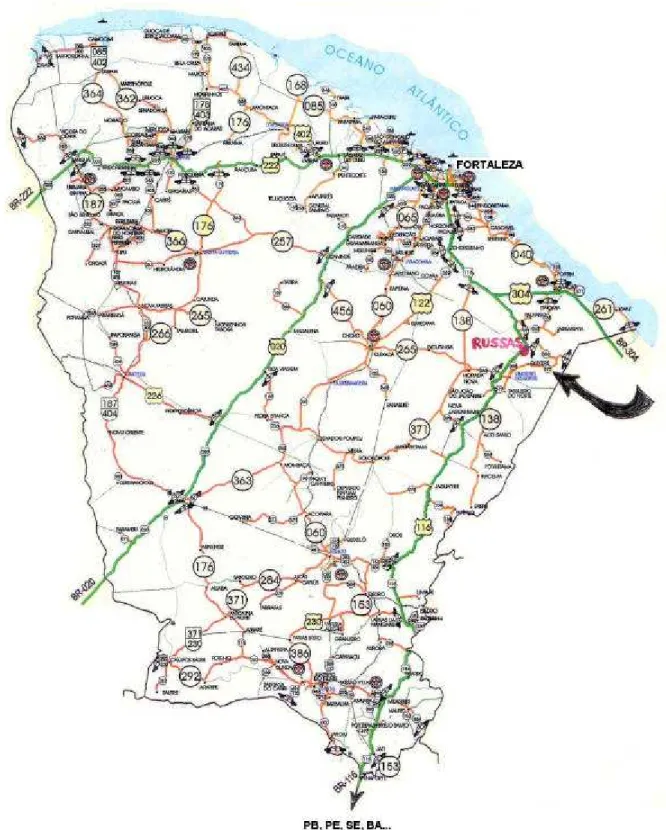Figura 4. Mapa rodoviário do estado do Ceará, com destaque para a cidade de Russas.