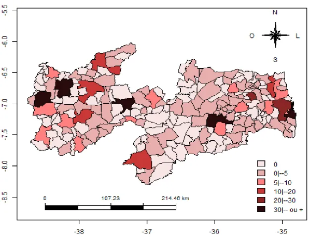 Figura 2 - Mapa do Estado da Paraíba com a representação dos profissionais fisioterapeutas, ano 2013 