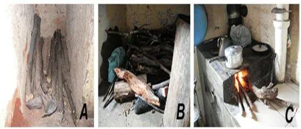 Figura  2:  Estoques  de  lenha  mantidos  no  interior  das  residências  e  fogão  sendo  alimentado  por  lenha,  todos  registrados no município de Cabaceiras