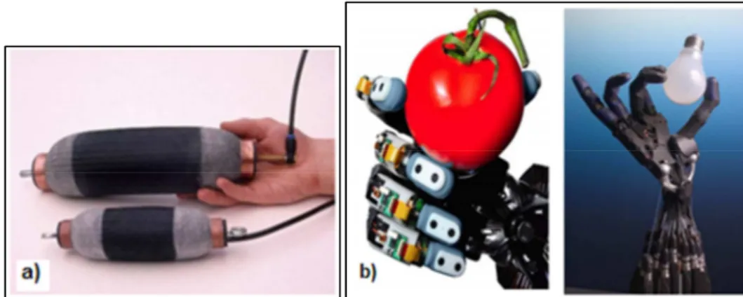 Figura 2.17 – Mão robótica Shadow. a) Músculo Pneumático, b) Mão segurando objetos delicados  (BOGUE, 2012)