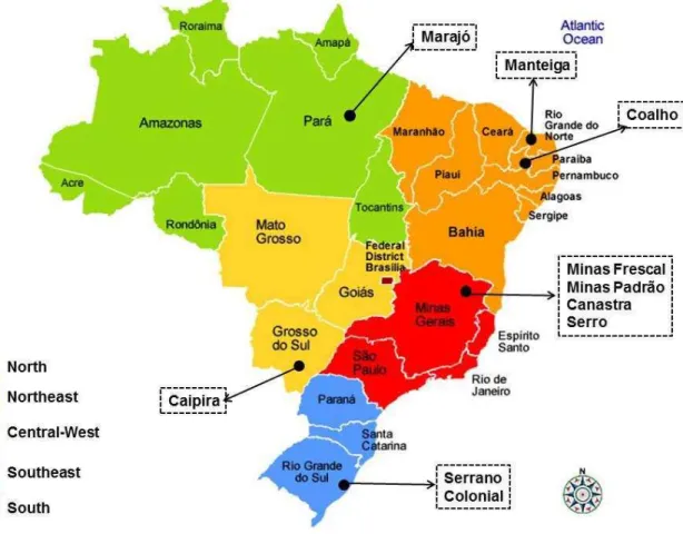 Figura 1  –  Localização dos principais queijos artesanais produzidos no Brasil.  