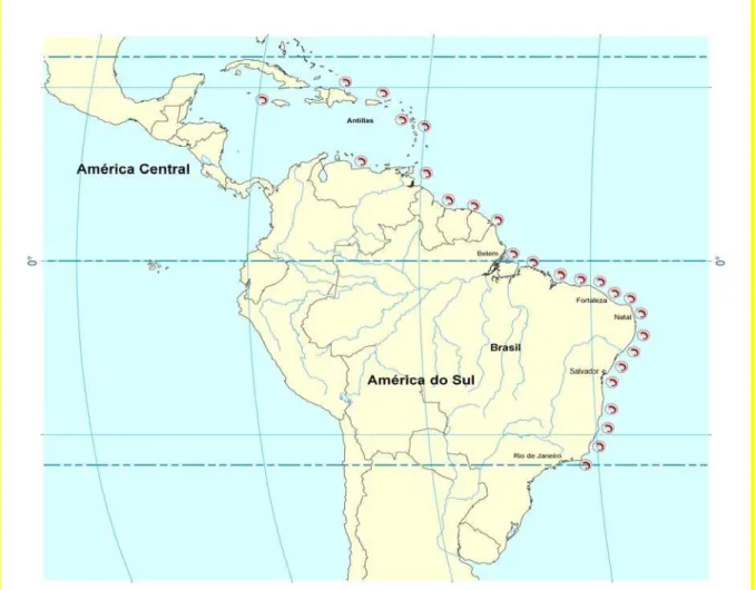 Figura 1- Mapa localizando a distribuição geográfica do camarão Farfantepenaeus subtilis