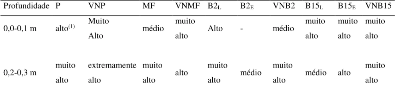 Tabela 3: Classificação da pressão de preconsolidação ( σp ) dos solos irrigados sob pastagem  (P), sucessão milho e feijão (MF), linhas (B2 L  e B15 L ) e entrelinhas (B2 E  e B15 E ) de banana e  áreas de referência (VNP, VNMF, VNB2, VNB15) nas profundid