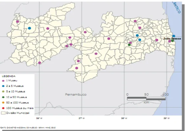 Figura 4 - Mapa dos municípios paraibanos que possuem museus cadastrados pelo IBRAM. Fonte: BRASIL, 2011a