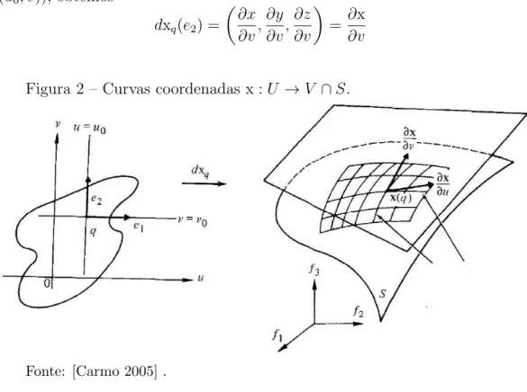 Figura 2 – Curvas coordenadas x : U → V ∩ S.