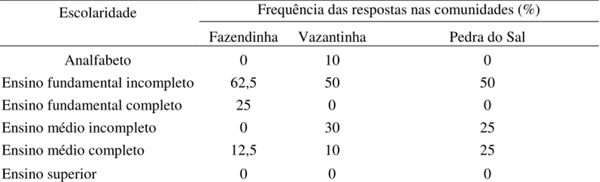 Tabela 4- Escolaridade das artesãs das comunidades Fazendinha, Vazantinha e Pedra do Sal em Ilha Grande de  Santa Isabel, Parnaíba, Piauí