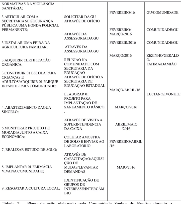 Tabela  2  –  Plano  de  ação  elaborado  pela  Comunidade  Senhor  do  Bonfim  durante  o  Diagnóstico  Rural  Participativo