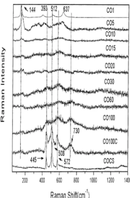 Fig. 10. Comparison of the Raman spectra of the milled sample (OH100) submitted to calcination (OH100C) and sintering (OH100CS) and the samples prepared by the traditional procedure (OHC and OHCS).