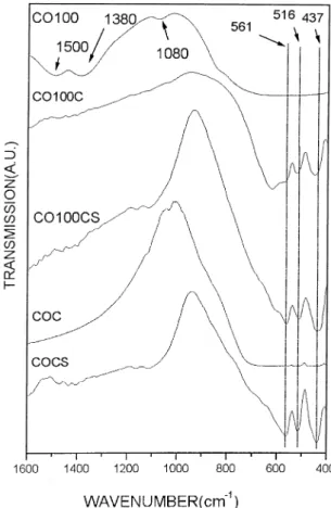 Fig. 14. IR of the milled sample (OH100), submitted to calcination (OH100C) and sintering (OH100CS) and the samples prepared by the traditional procedure (OHC and OHCS).