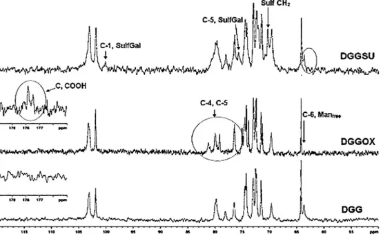 Fig. 2. 13 C NMR spectrum of deproteinized guar gum (DGG), oxidized (DGGOX), and sulfated (DGGSU) derivatives.