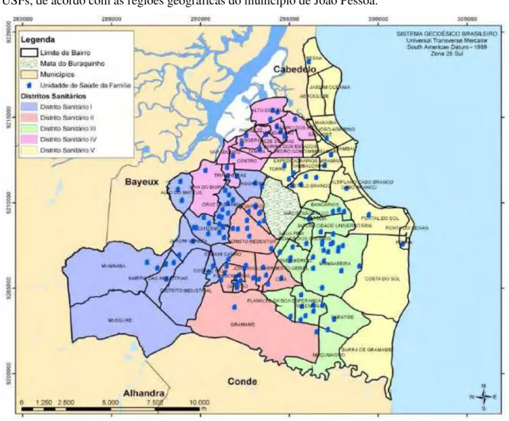 Figura 1  –  Representação geográfica da localização das USFs de João Pessoa (2010). 