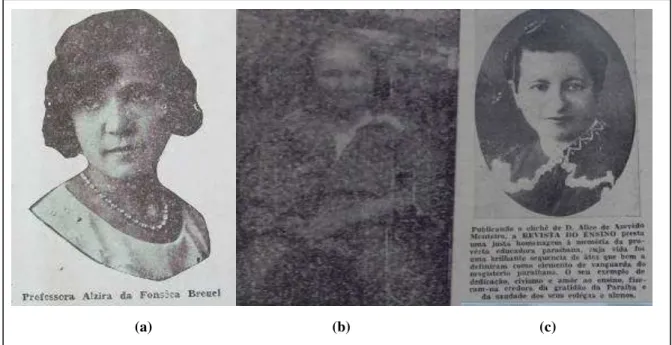 FIGURA  14  –  As  mulheres  homenageadas  na Revista  do  Ensino:  (a)  Professora Alzira Fonsêca;  (b)  Professora Umbelina Garcez; (c) Professora Alice de Azevêdo 
