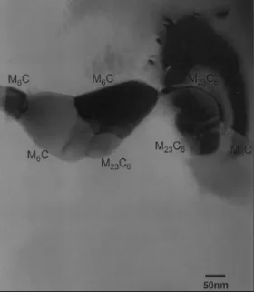 Figura 3.12.  Carbonetos M 23 C 6  e M 6 C precipitados nos contornos de grão da liga Hastelloy X,  tratada termicamente a 750 ºC durante 26 h