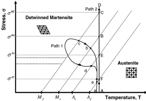 Figura 2.8  –  Diagrama de fase e dois caminhos possíveis de carregamento pseudoelástico
