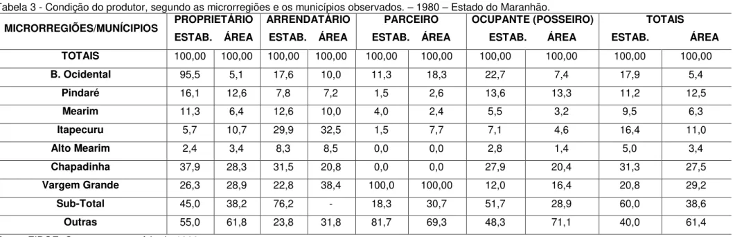 Tabela 3 - Condição do produtor, segundo as microrregiões e os municípios observados.  –  1980  –  Estado do Maranhão