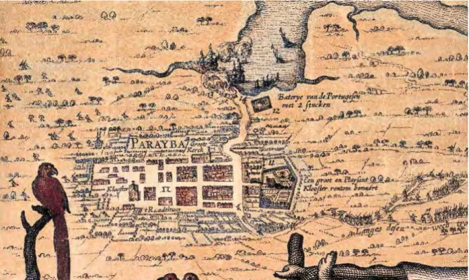 Figura 14 – Mapa da cidade da Paraiba, gravura de Mathias Meriam, 1646. Fonte: Imagens do Brasil Colonial -  Nestor G