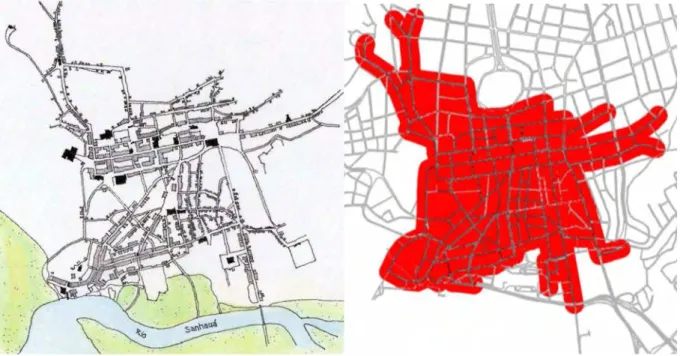 Figura 18 – Mapas da Cidade da Parahyba e de reconstituição dos arruamentos de 1855 sobre base atual