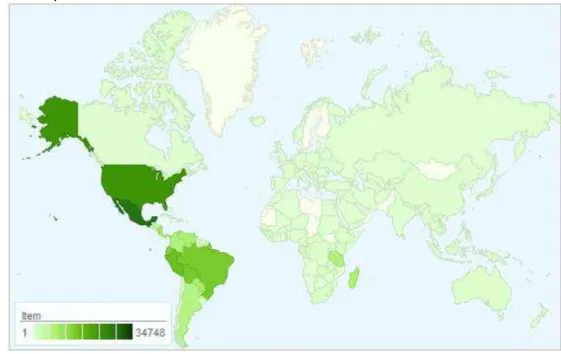 Figura 1  –  Distribuição geográfica da família Fabaceae no mundo, representado em  verde no mapa