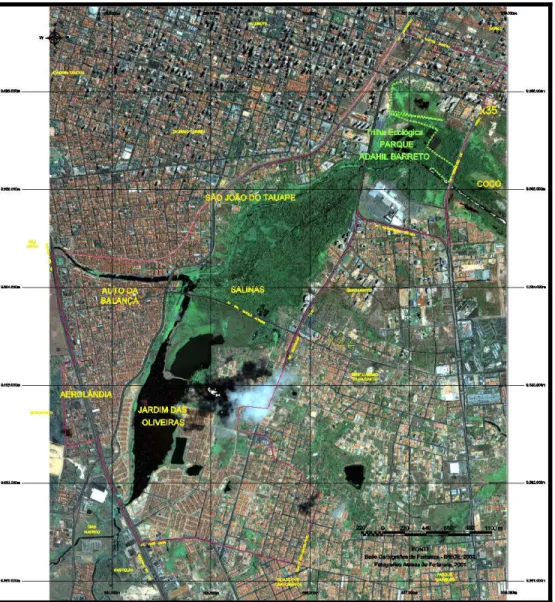 FIGURA 37 – Fotografia aérea da primeira etapa do Parque do Cocó com os limites de                         bairros
