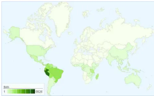 Figura 1:  Mapa de distribuição da família Annonaceae no mundo. 