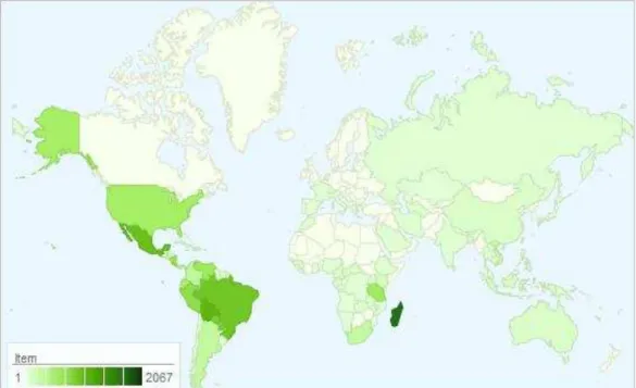Figura 1- Distribuição geográfica da família Rutaceae no mundo, representada  pelas áreas em verde