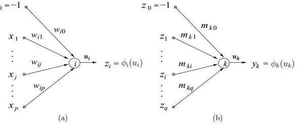 Figura 6 – Modelo dos neurˆonios da rede MLP (a) camada oculta (b) camada de sa´ıda A partir dessas defini¸c˜oes, o algoritmo de treinamento BP se divide em duas fases: