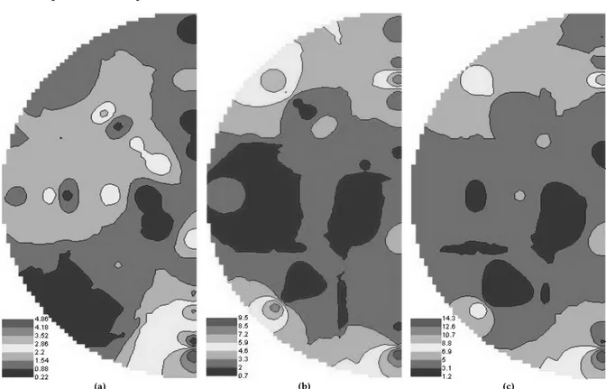 Figura 10. Mapas da distribuição espacial da qualidade dos grãos colhidos: a) impureza estranha ao feijoeiro (%), b) impureza própria do 