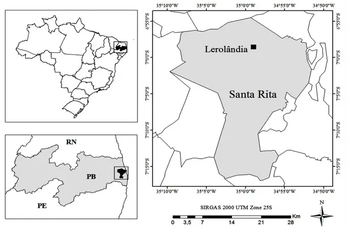 Figura  1.  Localização  geográfica  da  área  de  estudo.  Em  destaque,  à  direita,  mapa  indicando  a  comunidade  de  Lerolândia, situada no município de Santa Rita  –  PB