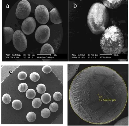 Figura  4.6.  MEV  das  esferas  com  ampliação  de  50  e  100  vezes.  Para  amostra  Al-B:  a-  antes  da  calcinação,  b-  depois  da  calcinação