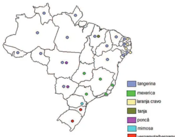 Figura 1 - Carta experimental (preparada ad-hoc) sobre  as variantes de tangerina registradas nas 25 capitais