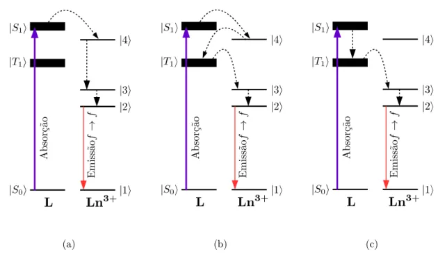Figura 2.3: Esquemas simpliﬁcados para os mecanismos envolvidos na sensibilização da luminescência do íons Ln(III) pelo efeito antena, adaptado de Brito et al