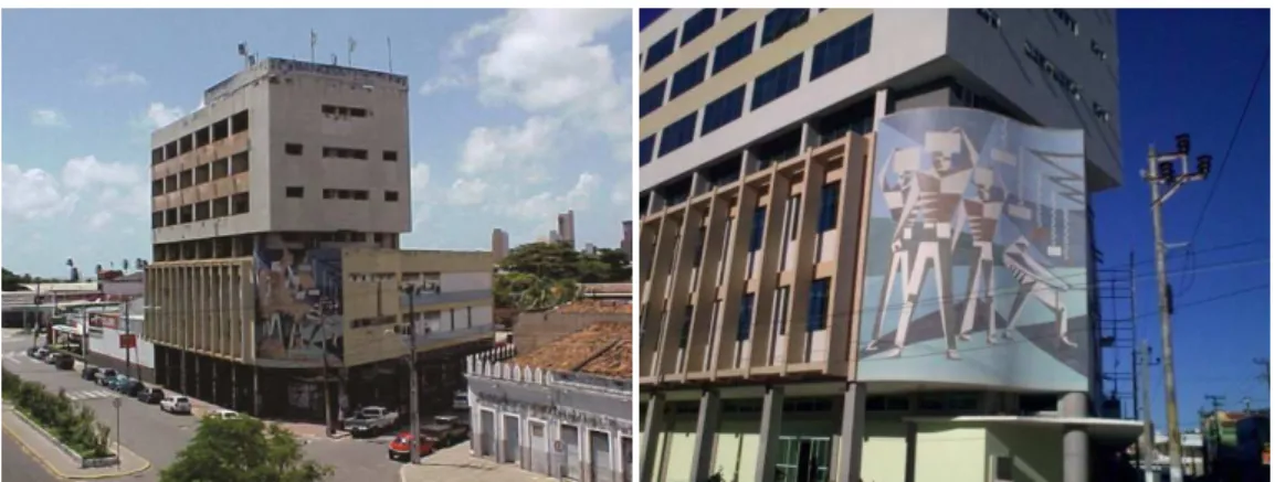 Figura 1 – Painel “Os Estivadores” Centro de Exportadores do Ceará (1962) – Fim da década  de 1990 e atualmente, depois da restauração